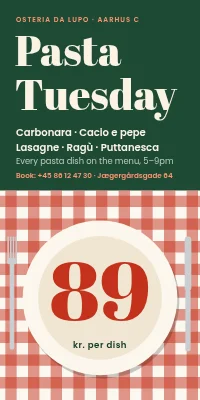 Door poster for a restaurant — Pasta Tuesday, every dish 89 kr.