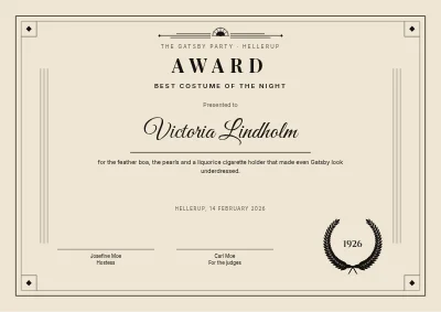 Certificate — best costume at the 1920s party