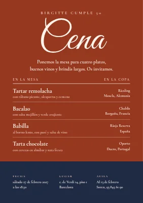 Cena de cumpleaños — invitación como carta de vinos