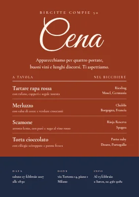 Cena di compleanno — invito in versione carta dei vini