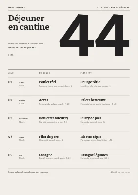 Cantine — menu de la semaine avec numéro de semaine