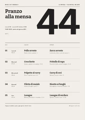 Pagina 1 di Mensa — menu settimanale con numero della settimana