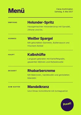 Seite 2 von Konfirmation Menükarte — Tulpendruck auf Neonlimette