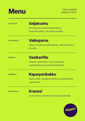 Sivu 2 – Rippijuhlan ruokalista — tulppaanikuvio neonlimenvihreällä