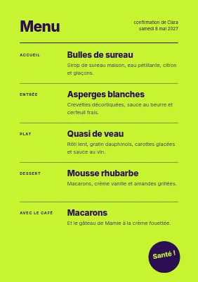 Page 2 de Menu de confirmation — imprimé tulipes sur vert citron fluo