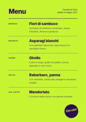 Pagina 2 di Menu della cresima — stampa di tulipani su verde lime fluo