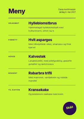 Side 2 av Konfirmasjonsmeny — tulipanmønster på neonlime