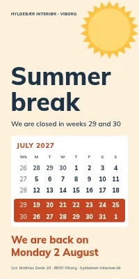 Door poster for a shop — summer holiday, closed weeks 29 and 30