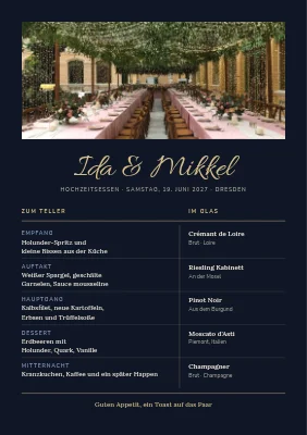 Hochzeitsmenü — Gänge und Weine nebeneinander