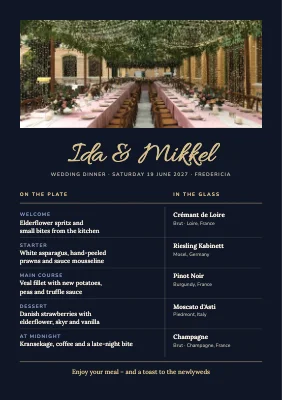 Wedding menu — courses and wines side by side