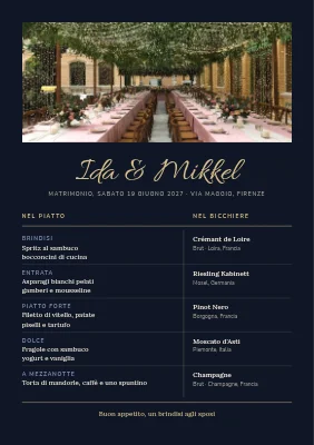 Menu di nozze — portate e vini affiancati