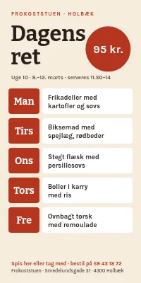 Dørplakat til frokostrestaurant — dagens ret og ugens menu