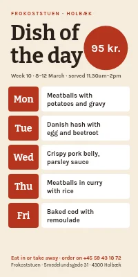 Door poster for a lunch restaurant — dish of the day and the week’s menu