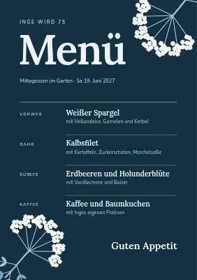 75. Geburtstag — Menükarte mit Holunderblüten