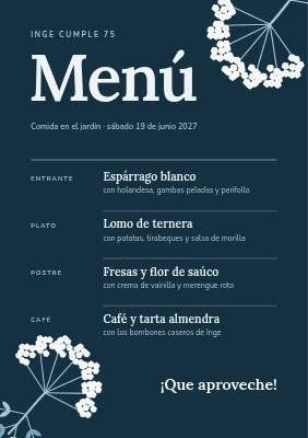 Cumpleaños 75 — tarjeta de menú con flor de saúco