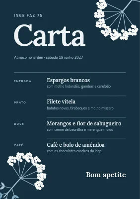 75.º aniversário — cartão de menu com flor de sabugueiro