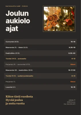 Joulun aukioloajat — myymälän kyltti ja kuva