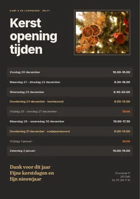 Kerstopeningstijden — winkelbord met foto