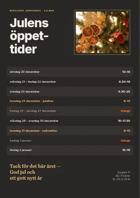 Julöppettider — butiksskylt med foto