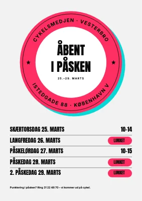 Påskens åbningstider med segl — cykelværksted på Vesterbro