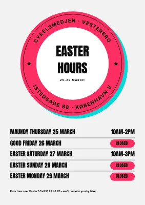 Easter opening hours with a seal — bike workshop in Vesterbro
