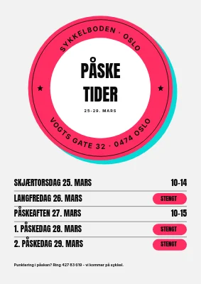 Påskeåpningstider med segl — sykkelverksted på Vesterbro