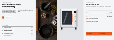 Pages 2–3 of Trade fair new-products brochure for a kitchen equipment maker – 8 pages