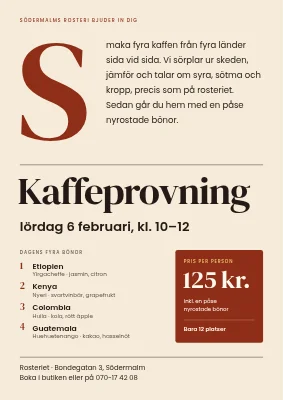 Kaffeprovning — affisch med en jättestor anfang
