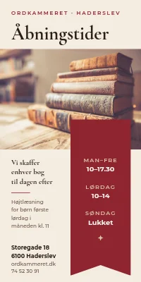 Dørplakat til boghandel — åbningstider