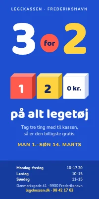 Dørplakat til legetøjsbutik — 3 for 2 på alt legetøj