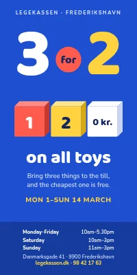 Door poster for a toy shop — 3 for 2 on all toys