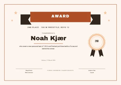 Award certificate — swimming gala