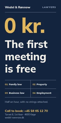 Door poster for a law firm — the first meeting is free