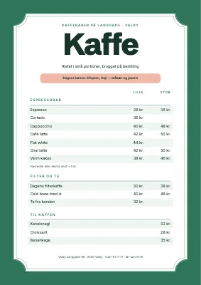 Kaffebar — prisliste med lille og stor