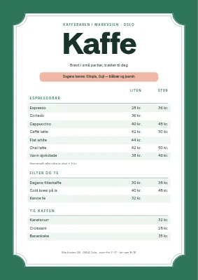 Kaffebar — prisliste med liten og stor