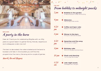 Pages 2–3 of Party programme for a 50th birthday – 8 pages