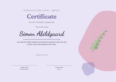 Course certificate — plant-based cooking
