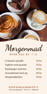 Dørplakat til café — morgenmad kl. 7–11 med menu