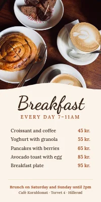 Door poster for a café — breakfast 7–11 with a menu