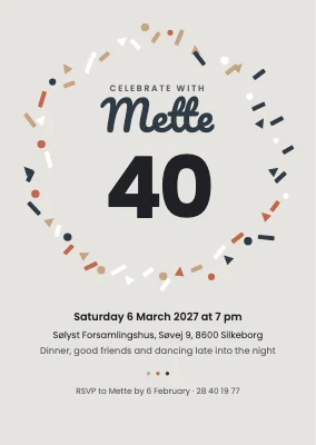 40th birthday — invitation with a confetti wreath