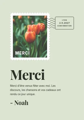 Carte de remerciement de confirmation — timbre et cachet de la poste