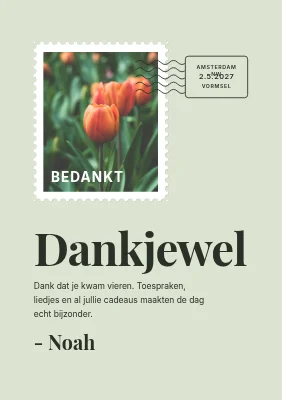 Bedankkaartje vormsel — postzegel en poststempel