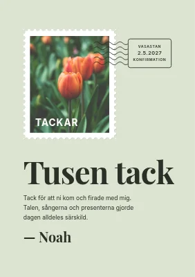 Tackkort för konfirmation — frimärke och poststämpel