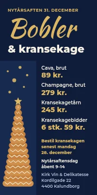 Dørplakat til vinhandel — bobler og kransekage til nytår