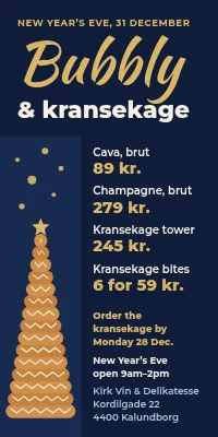 Door poster for a wine shop — bubbly and kransekage for New Year