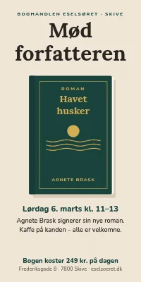 Dørplakat til boghandel — forfatteren signerer