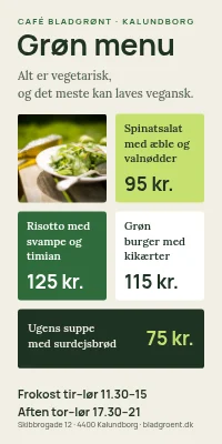 Dørplakat til restaurant — grøn menu, alt er vegetarisk