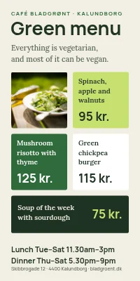 Door poster for a restaurant — a green menu, all vegetarian