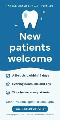 Door poster for a dentist — new patients welcome