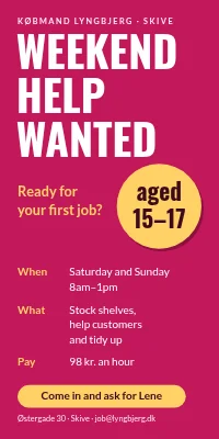 Door poster for a grocer — weekend help wanted, aged 15–17